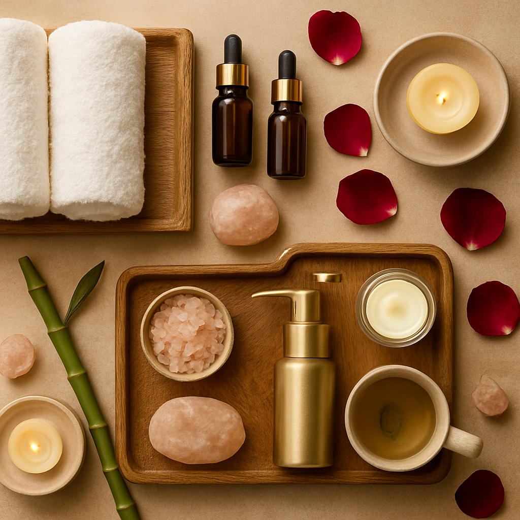 Premium wellness ritual items — essential oils, candles, towels, herbs